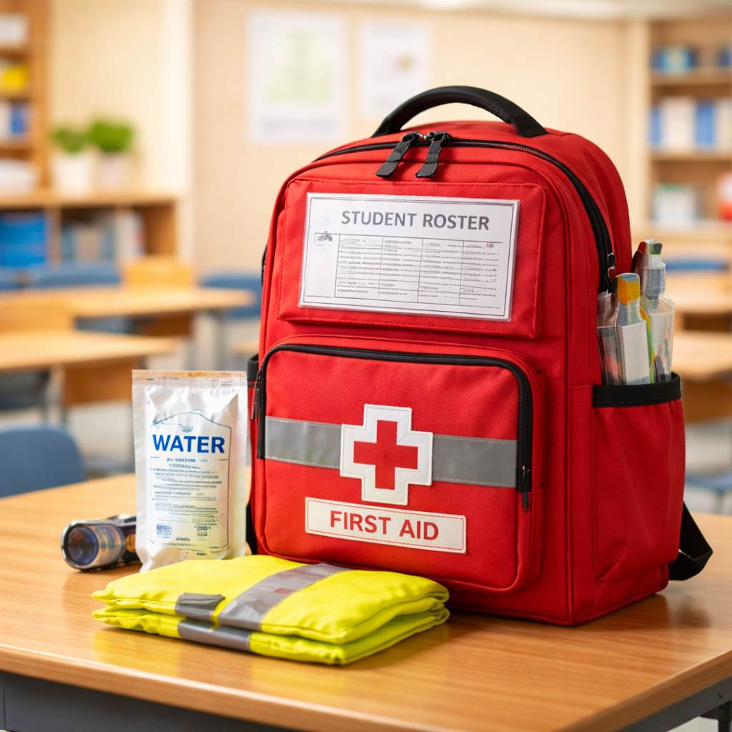 Teacher showing first-aid kit to two students in a classroom.